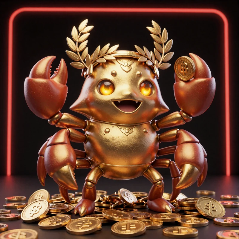 Goldener Bonus Crab Maskottchen mit Lorbeerkranz und Goldm&uuml;nzen bei Legiano Casino