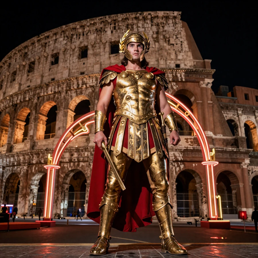 Goldener r&ouml;mischer Gladiator vor dem neonbeleuchteten Kolosseum bei Legiano Casino Deutschland