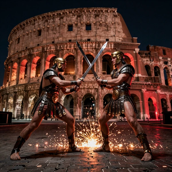 Zwei Gladiatoren k&auml;mpfen in der Clash Battles Arena bei Legiano Casino